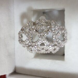 925 SOLID STERLING SILVER RING w/ RHODIUM FINISH... Sz: 11 ... Open HEARTS w/Dia